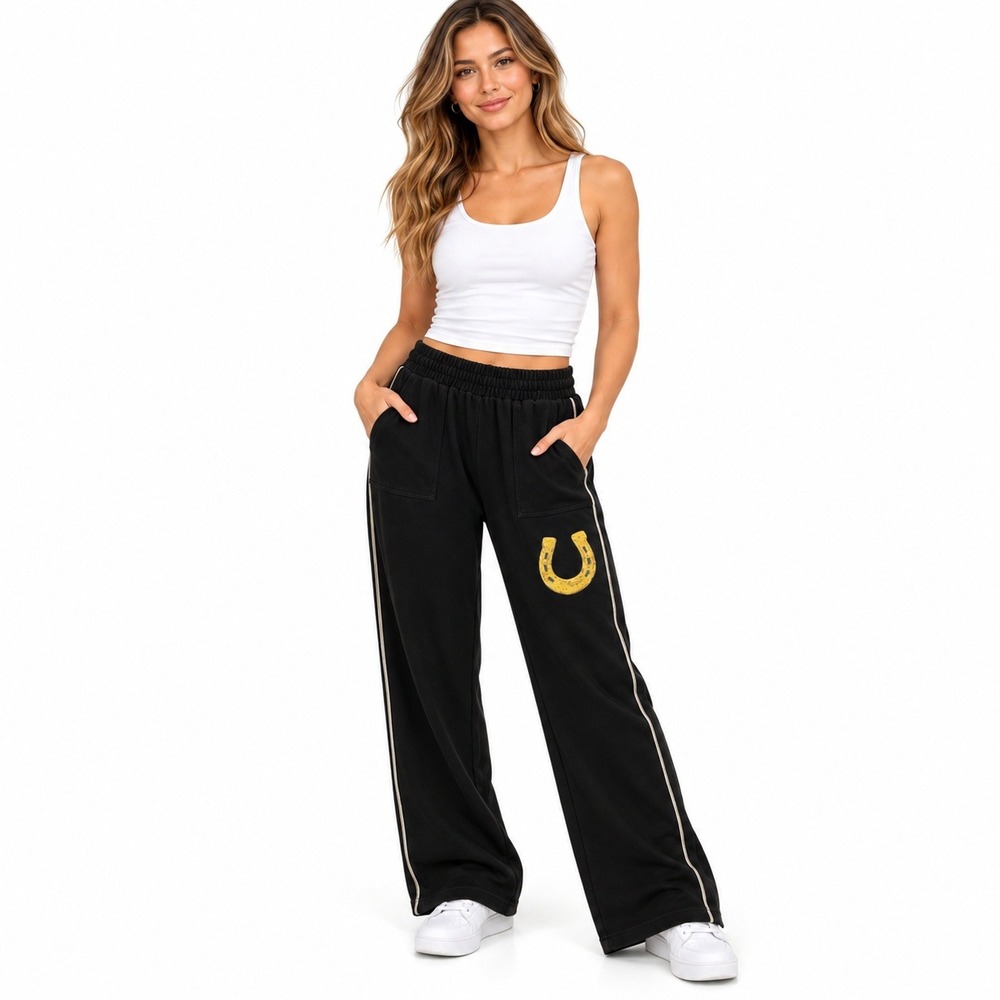 Rodeo Quincy Sweatpants Womens Small Black Horseshoe Patch Metallic Trim P2117Q